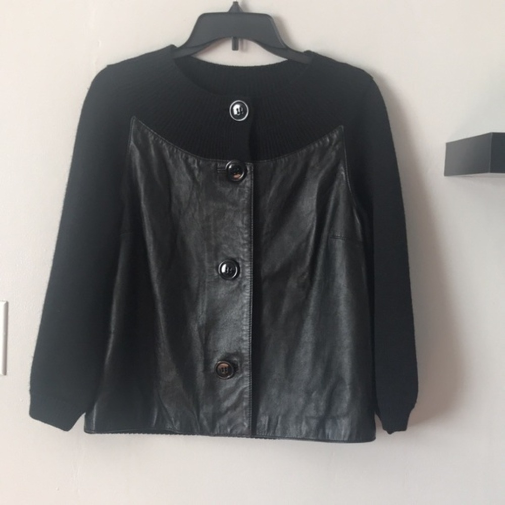 JONES NEW YORK Women's M Black Wool Leather Front, 3/4 sleeve Cardigan Sweater